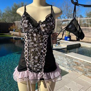 Sexy sheer matching lingerie with ribbons & emroidery
